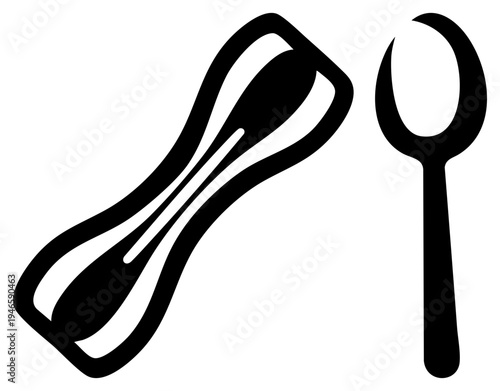 Minimalist black silhouette of fork and spoon, modern tableware, flat vector cutout, dining set graphic, culinary symbols.