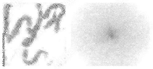 Vector graphic using halftone dots to form abstract shapes, gradient density variation, black and white, graphic design element, print or digital use.