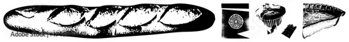 Hand drawn vector food baguette, lemon slice, cupcake, pie slice, halftone texture, minimalist style, culinary graphic.