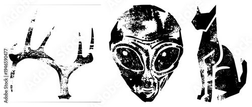 Graphic design featuring deer antlers, alien face, and cat silhouette with distressed textures, vector illustrations, black and white, isolated, retro stencil style.