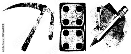 Worn out graphic including pickaxe,, pencil textured vector art with distressed style, ideal for design, gaming, or creative themes.