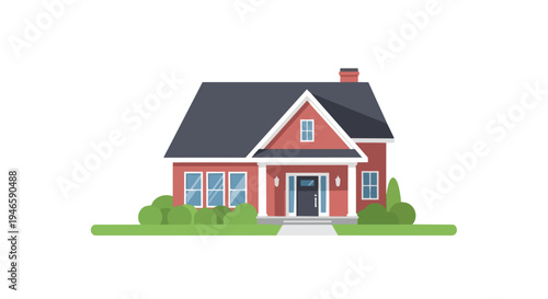 Flat design illustration of a contemporary suburban home featuring a red exterior, dark roof, and neatly trimmed green landscaping a perfect simple