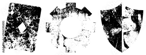 Distressed vector playing card, gear, shield., gritty texture, symbolic shapes, isolated design elements, graphic symbols.