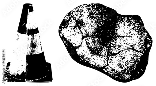 Distressed traffic cone with reflective stripes, weathered stone with fissures, vector art, urban safety signage, rugged texture design.