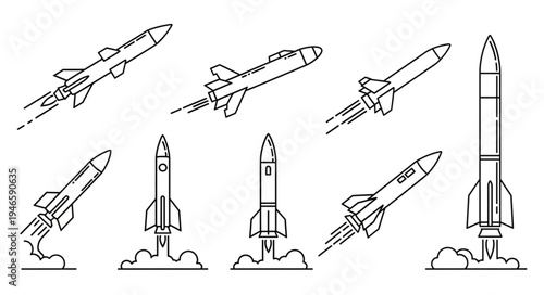 Collection of rocket illustrations in various launch and flight positions.