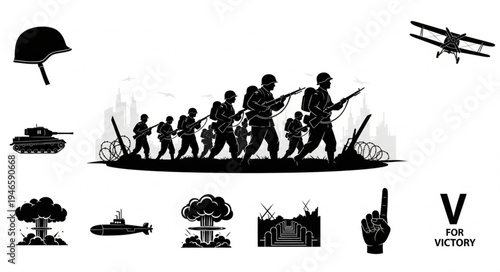 Silhouette soldiers advancing with military equipment and symbols of war.