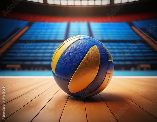 close up of colorful volleyball resting on a polished wooden court in an empty indoor stadium with blue seats concept of sports and competition ai generative