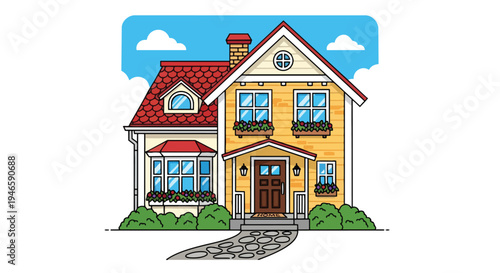 Delightful two-story family home with lush landscaping and bright, inviting facade