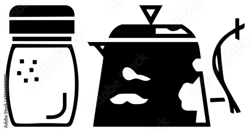 Black vector salt & pepper shakers, mustache pot, garlic clove minimalist kitchen tools, flat design, culinary symbols, stylized chef accessories.