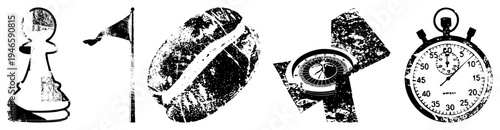 Set of five grunge stylized chess pawn, waving flag, coffee bean, compass, stopwatch, vector, isolated elements.