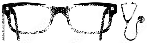 Eyeglasses and stethoscope in gritty black graphic style, representing doctors and vision care, medical symbols, healthcare, clinical tools.
