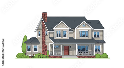 Contemporary residential dwelling featuring a charming porch, sturdy chimney, and green landscaping