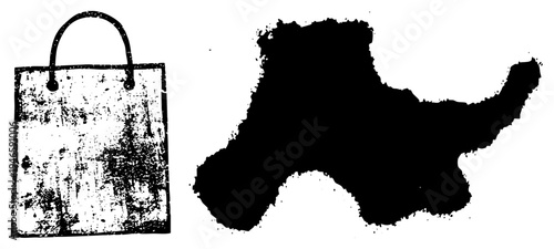 Distressed shopping bag with handles, grungy texture, black ink splatter dog silhouette, vector art, urban design, isolated graphic, halftone effect.