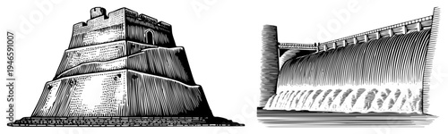 Monumental stepped ziggurat temple and curved dam releasing water, both rendered in halftone vector style, architectural heritage and engineering.