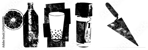 Vector halftone graphics of beverage items citrus slice, glass with tapioca pearls, spray can, and bottle stylized with grainy texture and stark black and white contrast.