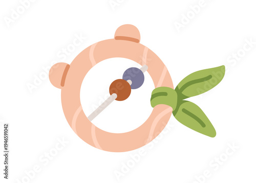 Rattle toy for baby. Wooden round noisemaker with beads and circle grip. Noise-maker handle with ribbon bow. Teether ring for infant. Flat vector illustration isolated on white background