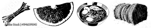 Black and white vector illustrations of fresh herbs, citrus fruit, noodle dish, and farm fodder isolated food and agricultural symbols.