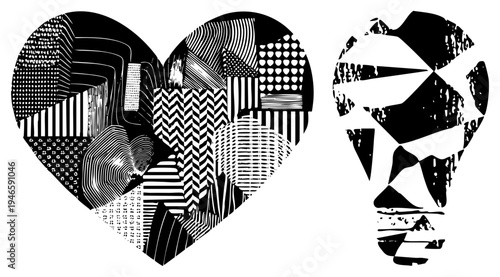 Graphic design featuring stylized heart and lightbulb, filled with contrasting, vector art, modern illustration, conceptual symbols.