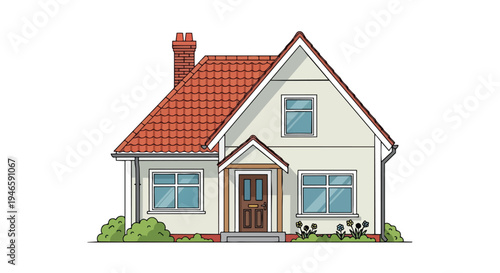 Quaint cartoon depiction of a family home featuring classic architectural details and natural surroundings