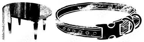 Retro style coffee table with tapered legs and distressed wood grain, paired with rugged leather dog collar with metal buckle, both rendered in bold halftone texture.