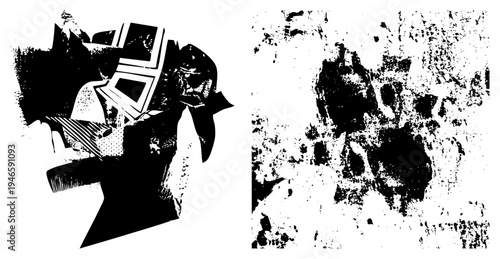 Stylized graphic with fragmented geometric forms, halftone dot, stark black and white contrast, vector art, isolated design element.