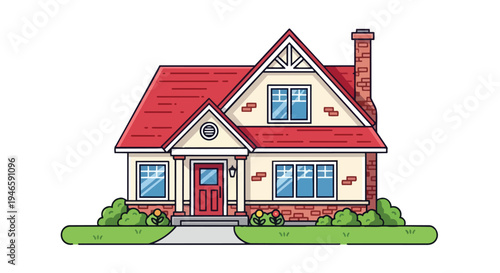 Charming suburban family home vector illustration with vibrant red roof and cozy facade artwork
