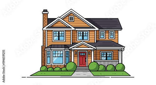 Vibrant cartoon depiction of a modern suburban dwelling, exhibiting architectural charm with a striking red entryway and surrounding verdant foliage.