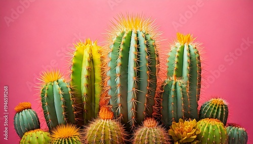 colorful green cacti with vivid yellow spines in creative surreal style on a soft pink background concept of modern desert nature ai generative