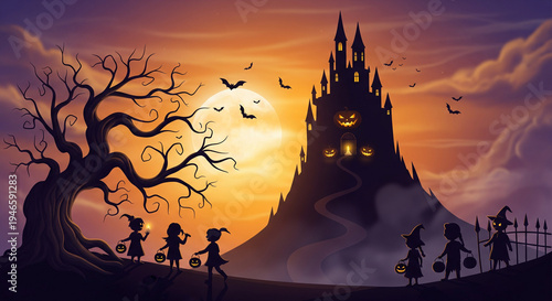 Halloween haunted house and castle with moon 