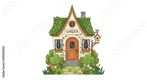Enchanting garden house illustration depicting a whimsical structure with a green roof, arched door, flowering bushes, stone path, and a sweet