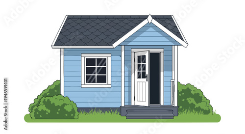 Whimsical blue house illustration with welcoming open door and vibrant green shrubs