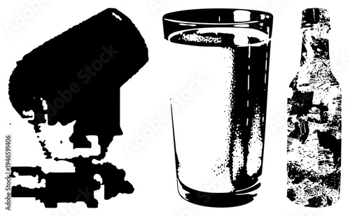 Black and white halftone graphic of drinking glass, bottle, and coffee mug silhouettes, stylized vector art, isolated objects, beverage containers, minimalist design.