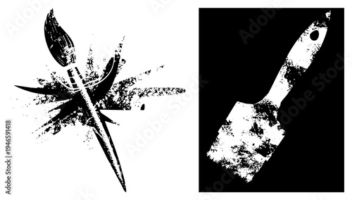Vintage distressed paintbrush and putty knife with splatter texture, graphic design tools, artist equipment, halftone vector art, stencil.
