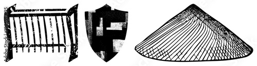 Antique including ornate fence, shield, and conical hat, rendered in vector art with textured strokes and geometric precision.