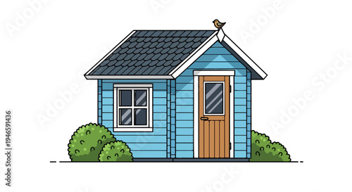 Charming blue cartoon shed with a little bird perched on its roof among lush green bushes