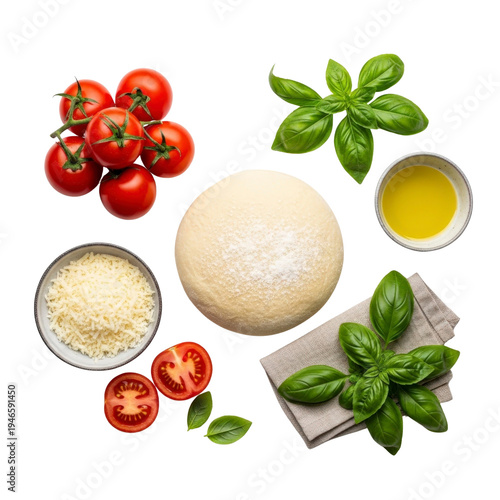 Pizza ingredients dough tomatoes basil cheese and olive oil