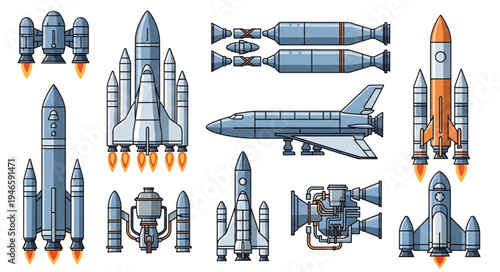 Collection of various rockets and spacecraft designs.