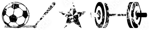 Distressed black and white vector of sports gear, including soccer ball, baseball bat, star emblem, and barbell, rendered with gritty texture for urban or retro design applications.