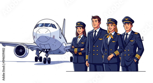 Airline pilots and crew standing.