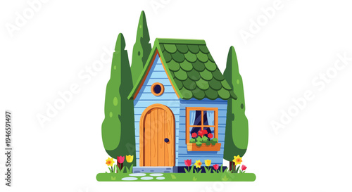 A charming vibrant cottage illustration featuring a cozy blue house with a green roof surrounded by lush cypress trees colorful tulips and daffodils