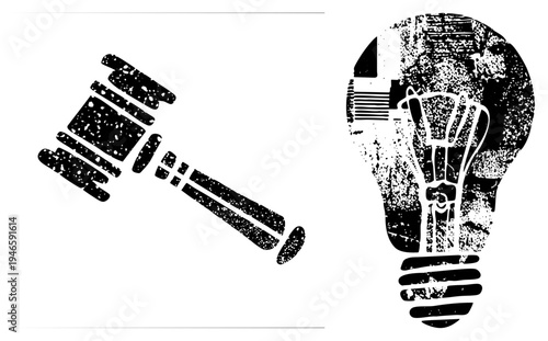 Legal gavel and lightbulb representing law, decision making, and creative solutions, vector design, courtroom and concepts.