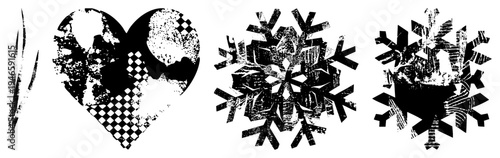 Graphic vector featuring heart and snowflake shapes with distressed textures, checkered, and bold silhouettes. Ideal for winter, love, or retro design themes.