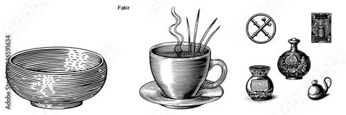 Tea cup with and, fakir symbolism, ritualistic vessels, mystical objects, spiritual tea ceremony, esoteric decor, occult.