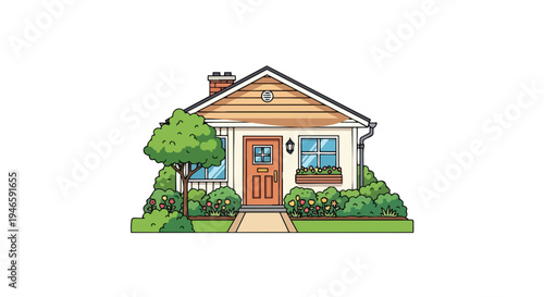 A charming cartoon home illustration showcasing a well-kept front yard a sturdy tree lush bushes and colorful flowers creating a heartwarming