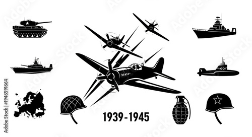 World War II military vehicles aircraft and equipment montage.