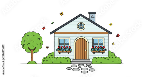 Cheerful vector illustration of a sweet home with green landscaping, flower boxes, and dancing butterflies