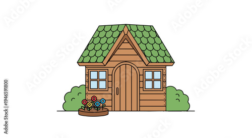 Charming cartoon wooden garden shed with green roof, arched door, windows, bushes, and colorful flower planter