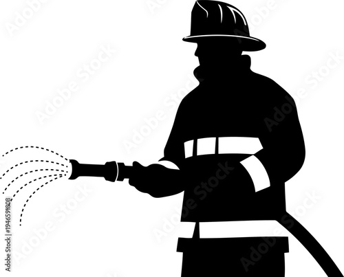 Black and white silhouette of firefighter holding hose vector.