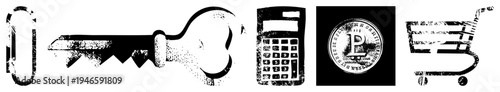 Stylized black and white featuring a key, calculator, Bitcoin symbol, and shopping cart, rendered with gritty texture and distressed edges for vintage digital art.
