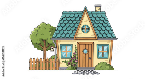 Charming whimsical cottage illustration with a lush green tree a sturdy picket fence and climbing roses creating a delightful storybook scene on a